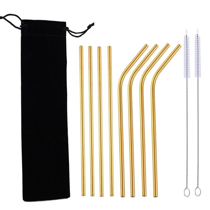 10 Pcs Metal Reusable Stainless Steel Straws Straight Bent Drinking Straw with Case Cleaning Brush Set Party Bar Accessory
