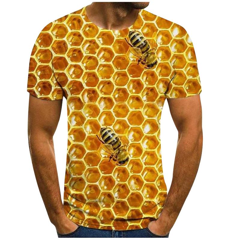 Summer Round Neck Honey Bee 3D Print Top Fashionable Casual Short Sleeved Men's T-shirts