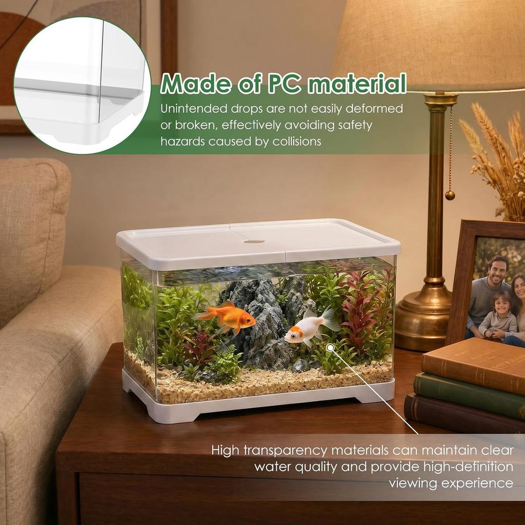 2 Gallon Plastic Fish Tank with Drain Hole - 30x19x17cm Shatterproof Small Rectangular Aquarium for Betta Fish & Guppies - Clear Desktop Terrarium