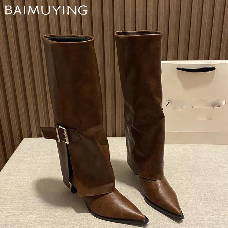 Женские высокие сапоги с острым носком, кожаные, модные, сексуальные, на среднем каблуке, тренд 2025, дизайнерские ботфорты до колена, готические, зимние, Botas De Mujer
