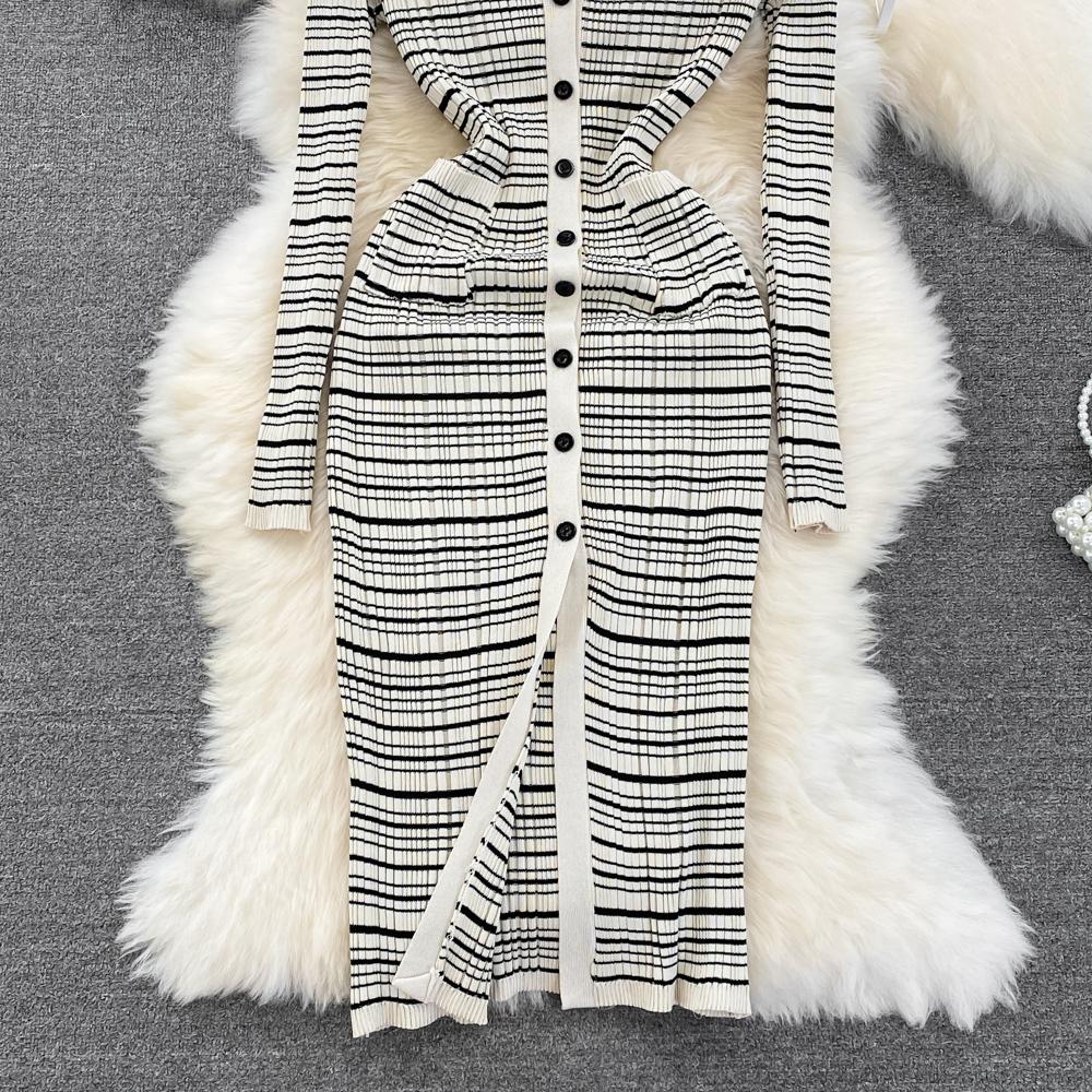 Осеннее модное полосатое вязаное платье-свитер с отложным воротником, женское повседневное однобортное трикотажное платье-карандаш длиной до колена