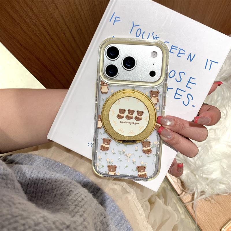 Милые Мишки Цветочный Чехол для Телефона для iPhone 17 Pro 16 15 14 Pro Max с 360 Подставкой Воздушной Подушкой по Краю Ударопрочный 17pro Защитный Че