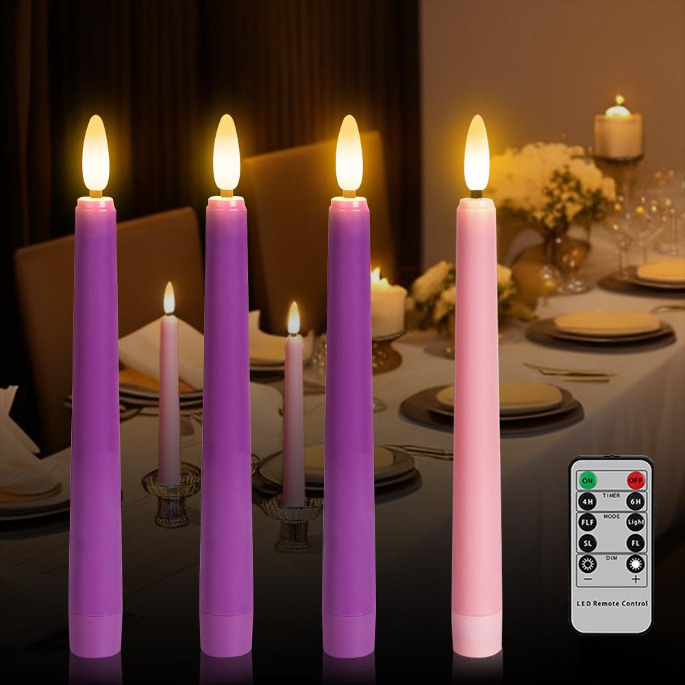 4pcs LED Taper Candles Pink Flameless Wedding Candle Timer Remote Battery-operated Table Home Decoration Electronic Candle