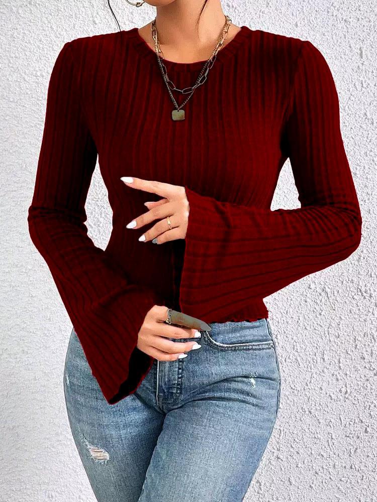 2026 New Spring Cropped T-Shirt Bell Sleeve Crew Neck Long Sleeve Top for Women