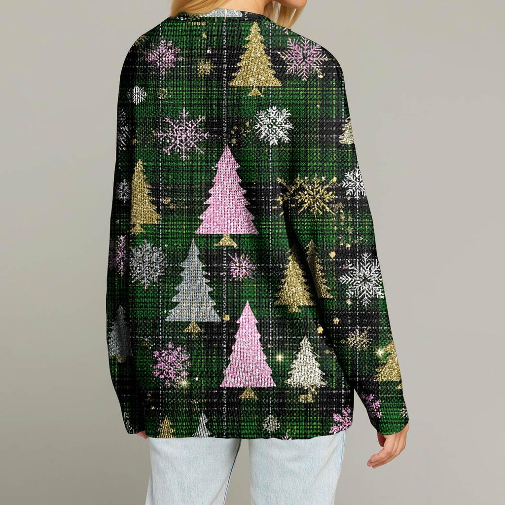 Женский модный кардиган с длинным рукавом, V-образным вырезом, на пуговицах, свободного кроя, с рождественским принтом