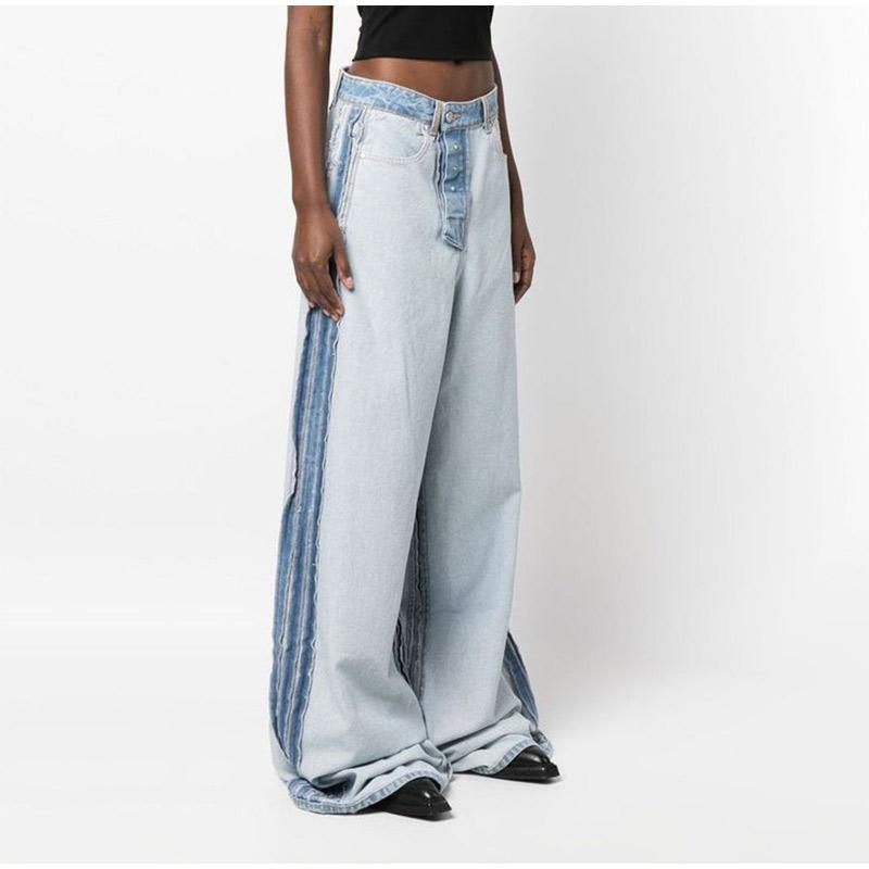 Женские джинсы в стиле пэчворк с высокой талией, прямые длинные брюки, износостойкий дизайн, светло-голубые выцветшие летние брюки