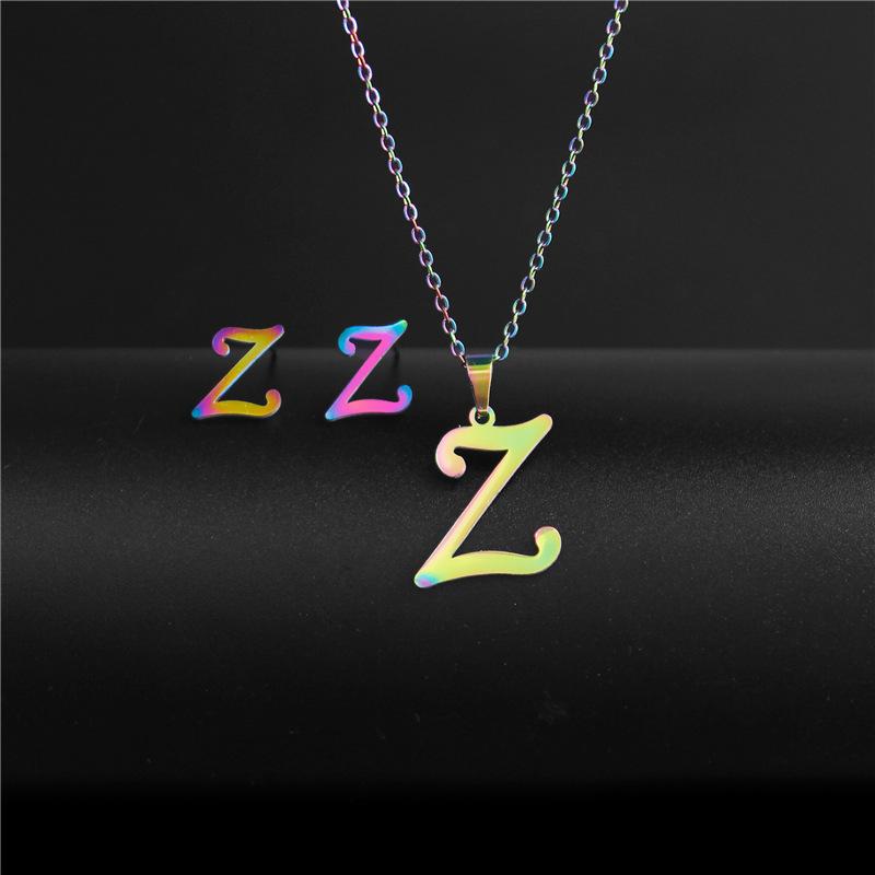 RUI RUI YU 26 Letter Colorful Stainless Steel Jewelry Sets for Women Men Alphabet Initial Chain Pendant Necklace Earrings Kids Gift