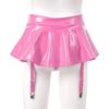 Womens Wet Look Patent Leather Ruffle Skirt Built-in Thongs Garter Belts Metal Clips Miniskirt Party Clubwear