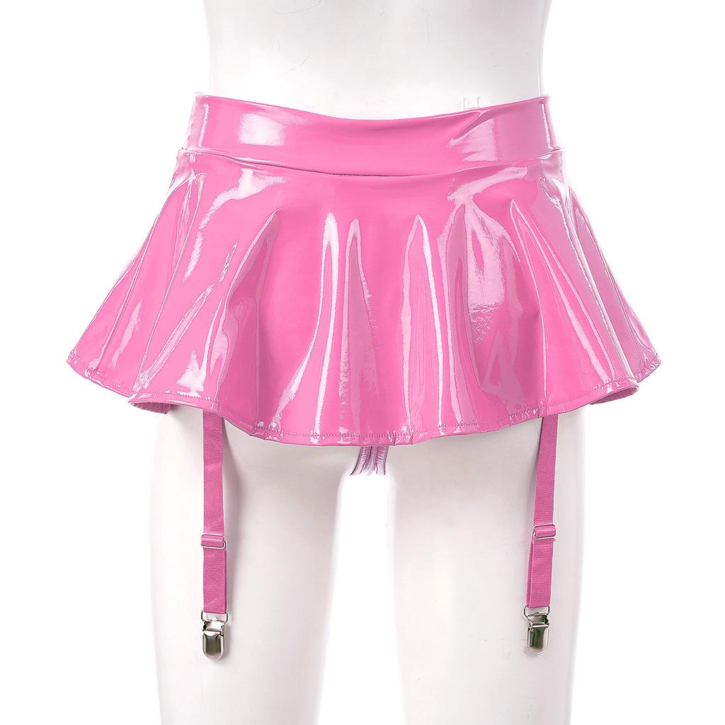 Womens Wet Look Patent Leather Ruffle Skirt Built-in Thongs Garter Belts Metal Clips Miniskirt Party Clubwear
