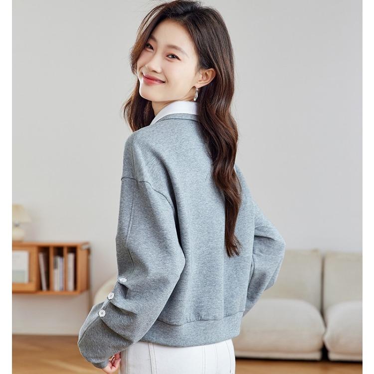 Осенние женские серые топы свободного кроя с длинным рукавом и контрастным воротником, колледж-мода