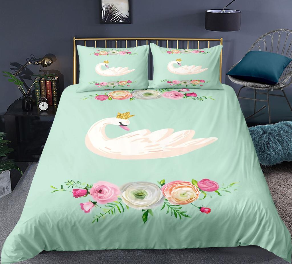 Swan Duvet Cover Set Rose Crown Comforter Cover Polyester Bedding Set Sweet Girl Romantic Quilt Cover Pink Red King Twin Size