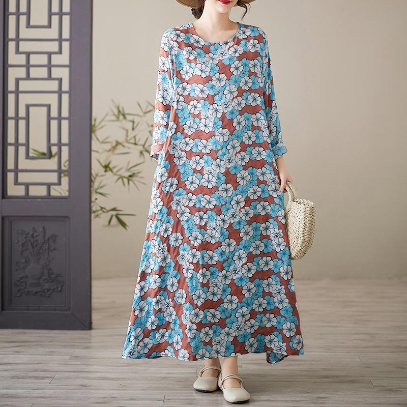 Весеннее литературное платье больших размеров с принтом, круглым вырезом и длинными рукавами для женщин