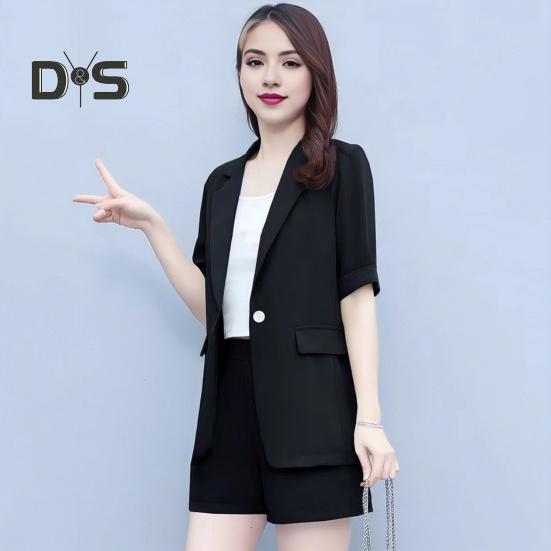 2 Piece Women Casual Outfit Lapel Short Sleeve Blazer Shorts Solid Color OL Style Single Button Blazer Shorts Set Elegant Office Suit