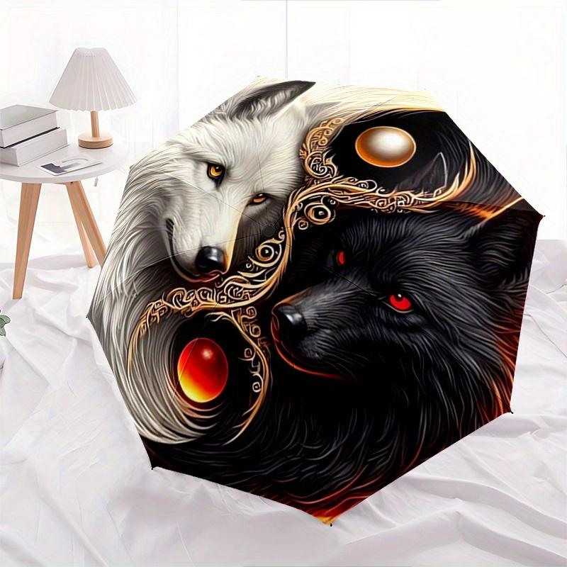 Wolf Yin Yang Automatic Folding Umbrella 8 Ribs, Durable Iron Frame, Bright Color Pattern Compact Travel Umbrella, Suitable for Outdoor, Be