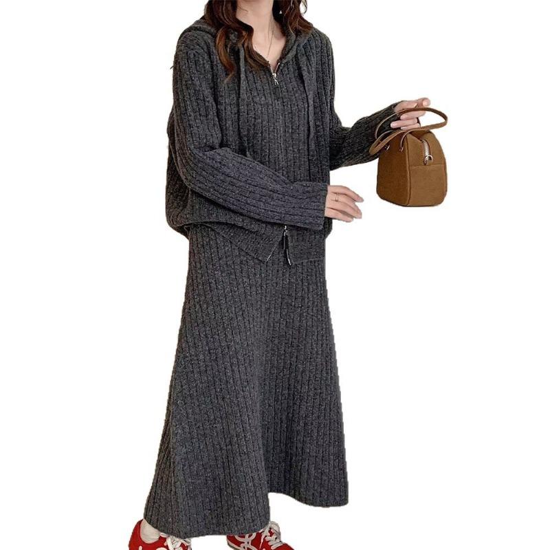Grey Hooded Strap Double Zipper Two-piece Set Casual Style Large Size Pit Strip Skirt Knitted Cardigan Set