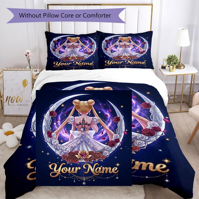 3pcs Custom Name Moonlit Romance Printed Bedding Set Duvet Cover Closure Includes 1 Duvet Cover & 2 Pillowcases, Soft and Comfortable for All Seasons.