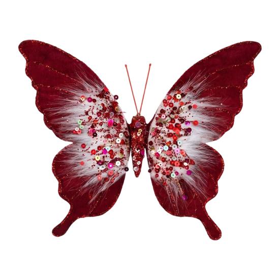 Pink Champagne Butterfly Decor Velvet Christmas Ornaments, Artificial Glitter Sequins Xmas Tree Sparkling Diamond Pendant Decoration for Holiday