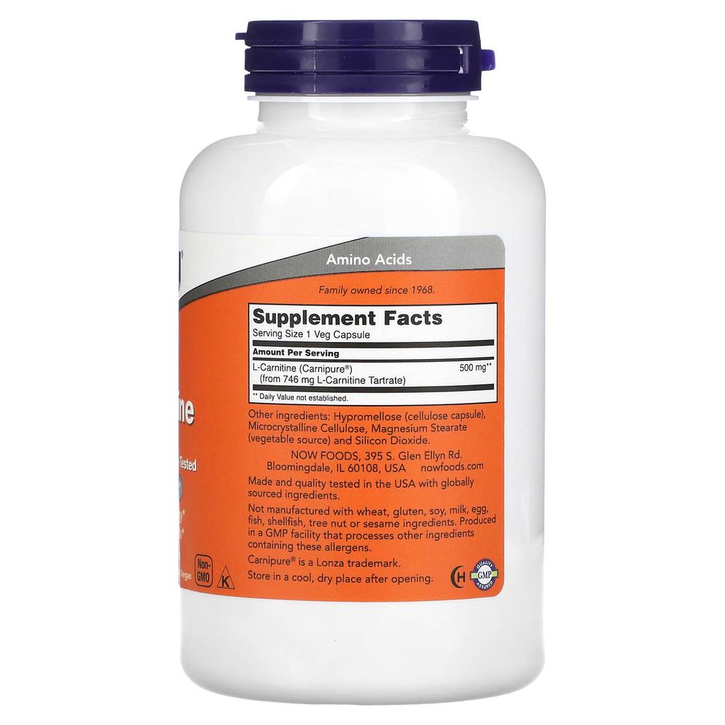 Now Foods L-Carnitine, 500 Mg, 180 Veggie Capsules
