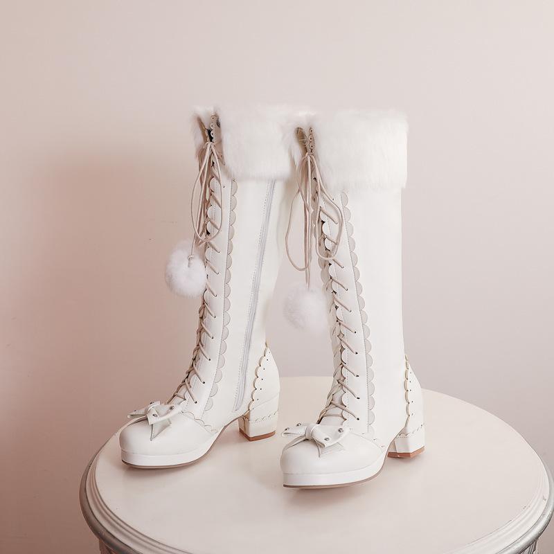 Осень-зима Новые модные женские сапоги до колена с бантом на толстом каблуке Теплые длинные сапоги Водонепроницаемая платформа Женская свадебная обувь в стиле Лолиты