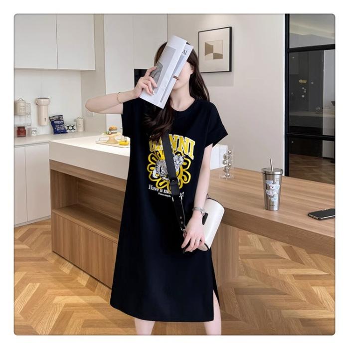 Женское платье-футболка с короткими рукавами и принтом, свободное повседневное утягивающее платье с разрезом на рукаве-крыле