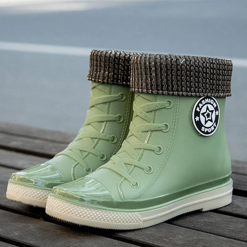 Модные розовые резиновые сапоги, всесезонные, со съемной стелькой, дождевые туфли 2024 года, новые дизайнерские резиновые сапоги на шнуровке