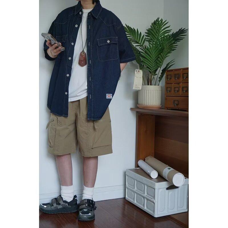 Японский ретро модный бренд летняя свободная джинсовая рубашка с короткими рукавами художественная молодежная рабочая рубашка мужская и женская многослойная куртка