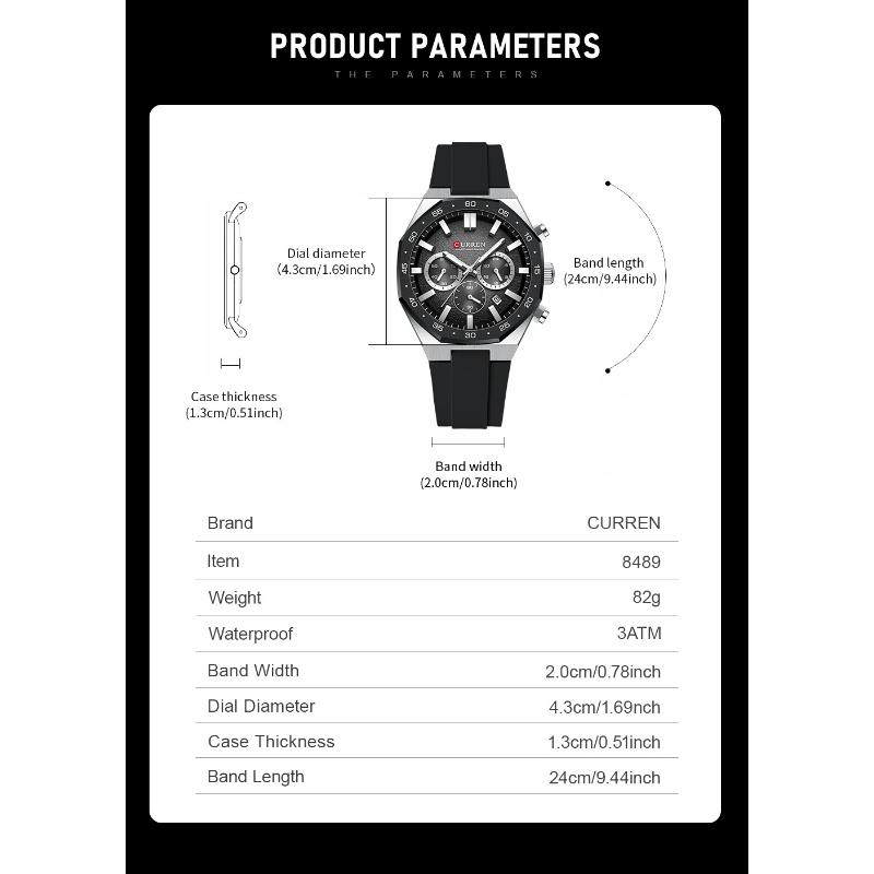 CURREN Мужские спортивные часы-хронограф с черным силиконовым ремешком, автоматической датой, люминесцентными стрелками, кварцевые часы для мужчин