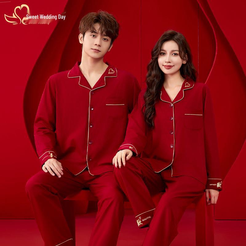 Радость вместе: Романтические красные хлопковые парные пижамы - Свадебные праздничные, удобные и долговечные.