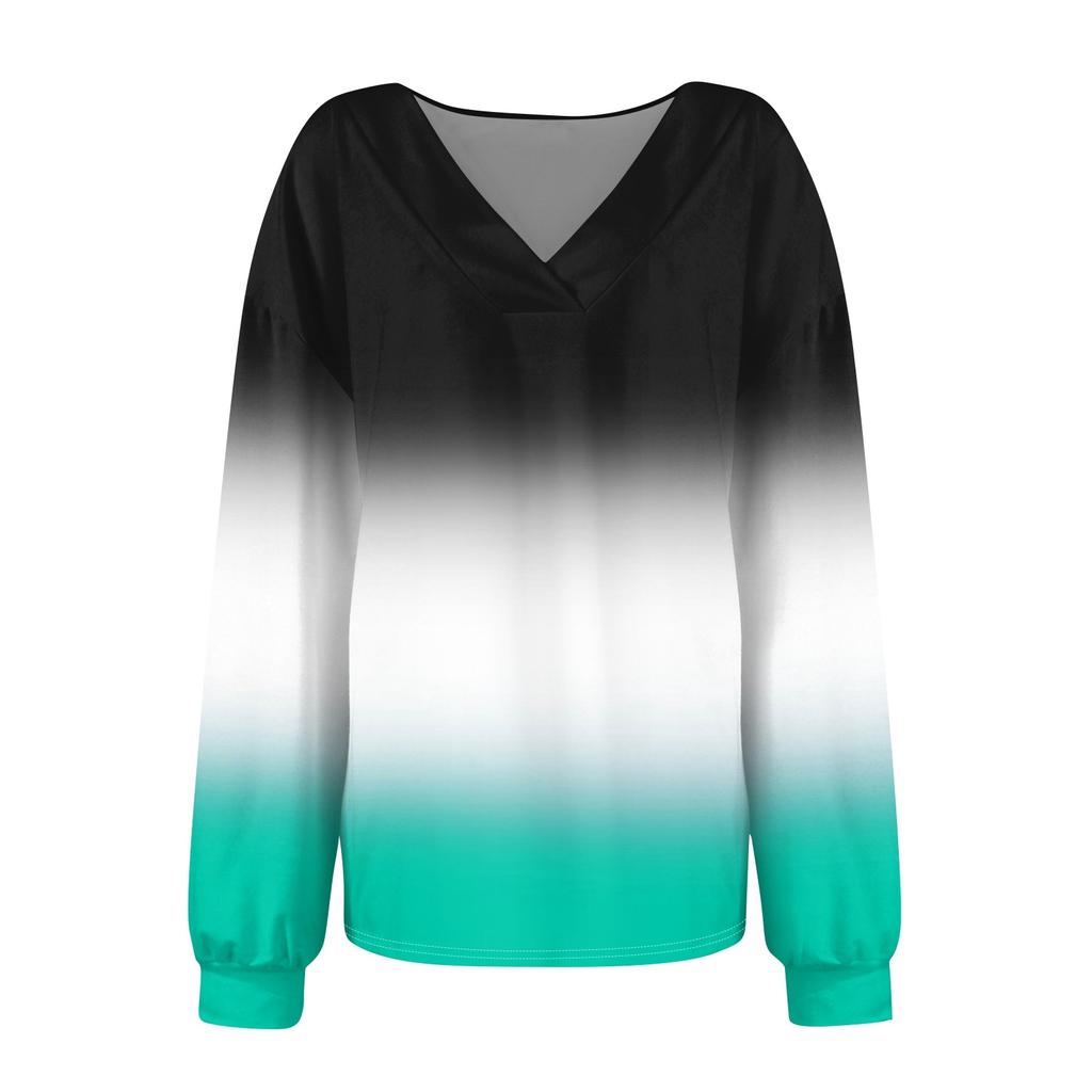 Женская мода градиентный цвет V-образный вырез длинный рукав свободный пуловер свитшот топ