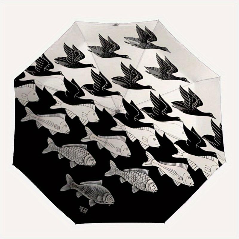 1pc Birds Fishes Automatic Open/close Folding Compact Umbrella, 8-Rib Sturdy Canopy, Lightweight Portable, Everyday Use, Gift, Outdoor Umbrella, Trave