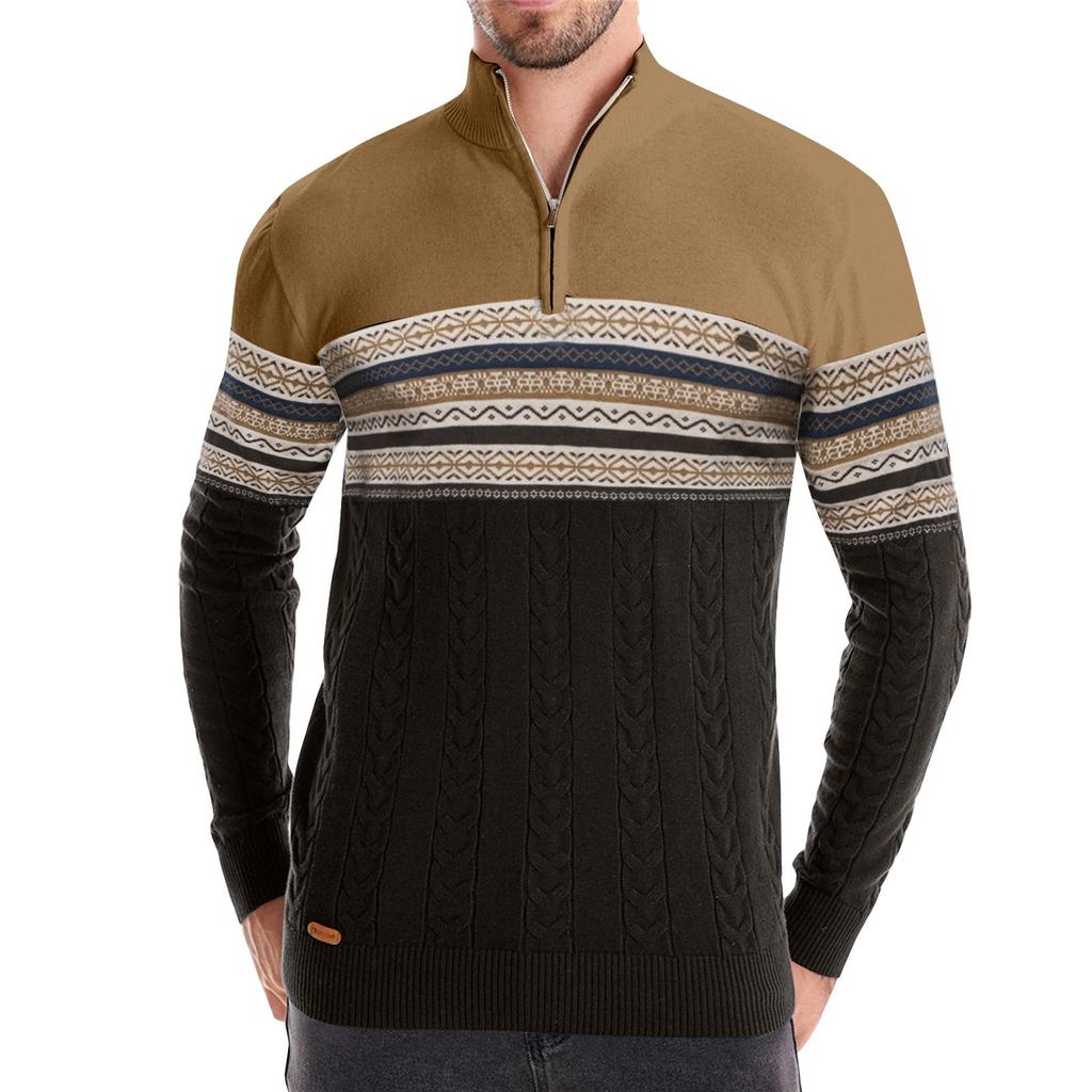 Men's Winter Print Stand Collar Half Zipper Slim Fit Knit Long Sleeve Top