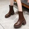 Coarse Heel Short Boots Women's Spring and Autumn Single Boots Brown Platform Martin Boots Women's New Women's Boots Medium Boots Women