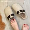 Туфли на плоской подошве женские пушистые тапочки замшевые короткие плюшевые хлопковые мюли обувь 2025 трендовые теплые дизайнерские пряжки зимние снежные ботинки женские