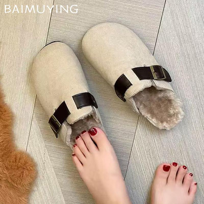 Туфли на плоской подошве женские пушистые тапочки замшевые короткие плюшевые хлопковые мюли обувь 2025 трендовые теплые дизайнерские пряжки зимние снежные ботинки женские