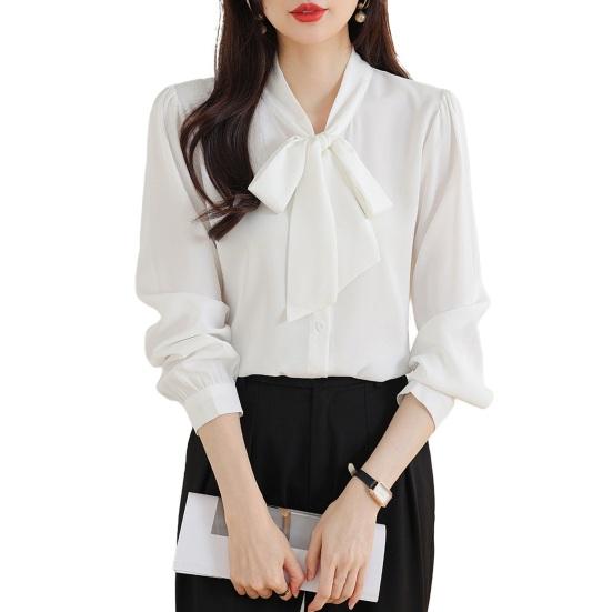 Женская рубашка со шнуровкой и бантом на воротнике, с длинным рукавом, повседневная рубашка, однотонная, свободная, шифоновая рубашка, топы, повседневная одежда