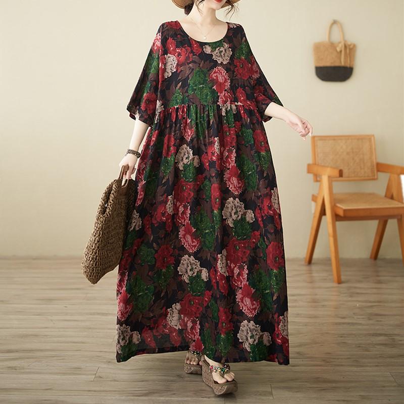 Новое винтажное платье с цветочным принтом больших размеров с коротким рукавом для женщин, повседневное свободное длинное летнее платье