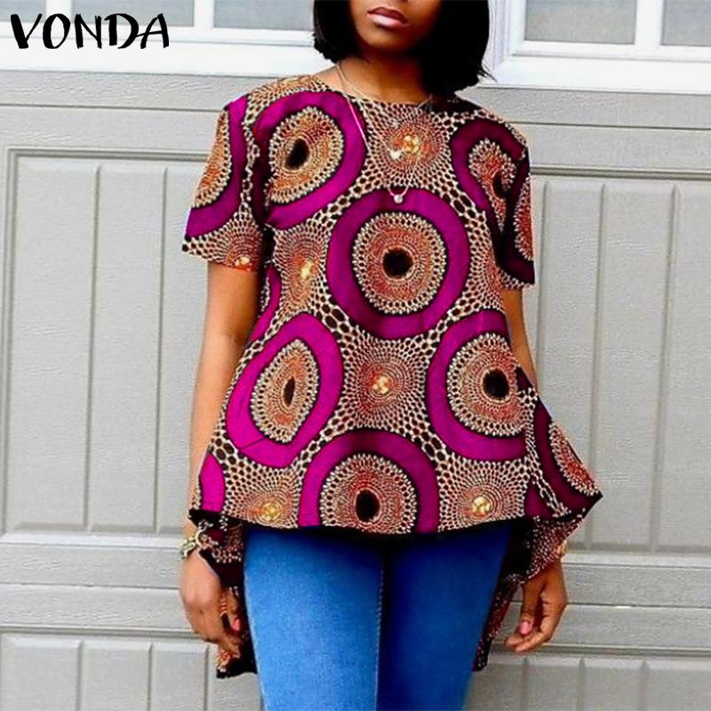 VONDA Женская свободная блузка большого размера с круглым вырезом и коротким рукавом с геометрическим узором и принтом