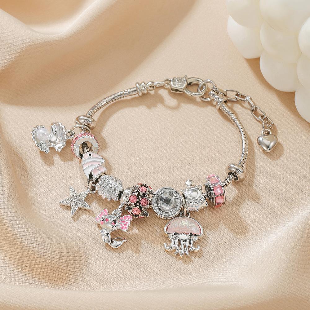 Pink Marine Style Zinc Alloy Starfish and Clown Fish Pendant Shell Beaded Bracelet-Trendy Women's Gift
