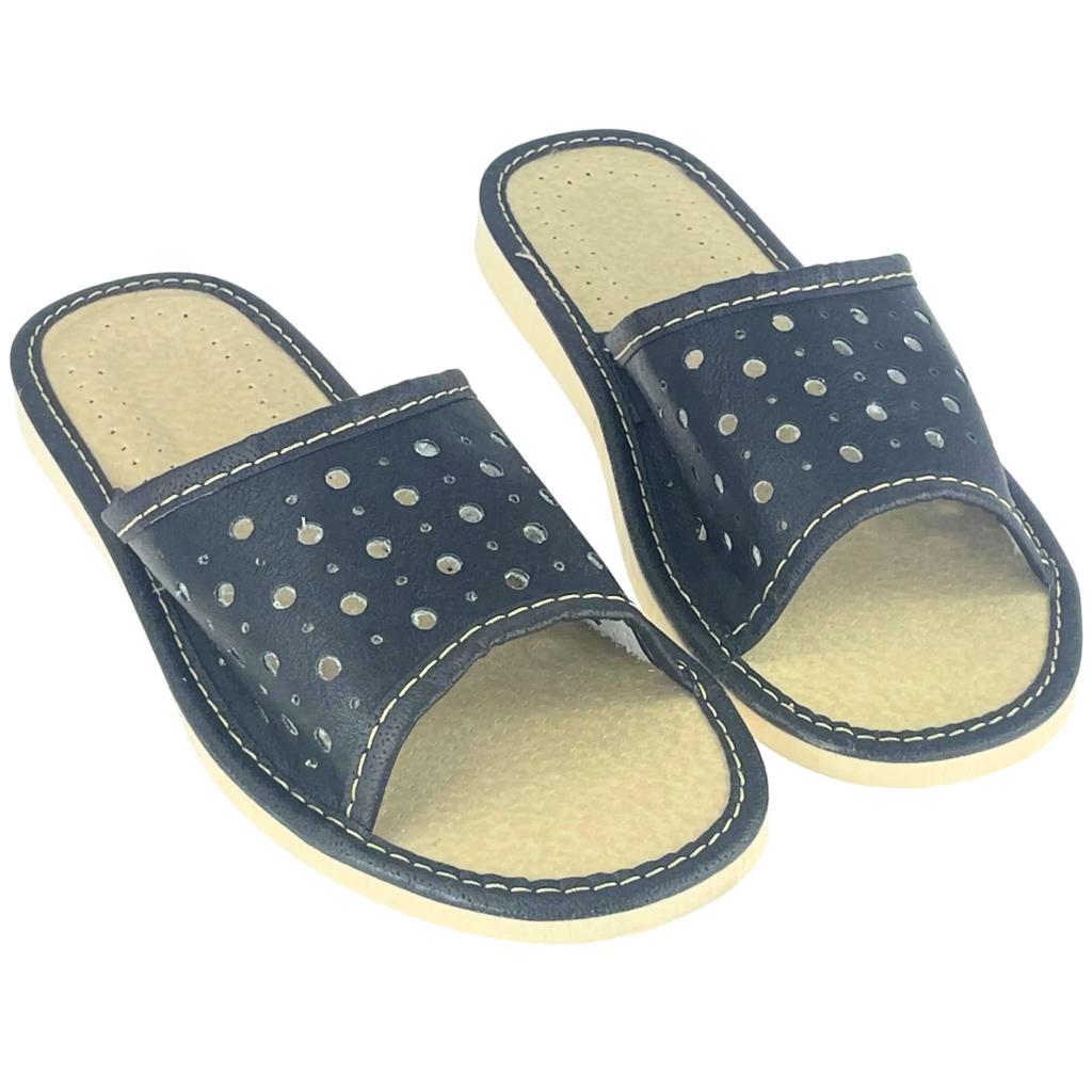 Stylish black openwork slippers, women's house slippers in a dark color 35