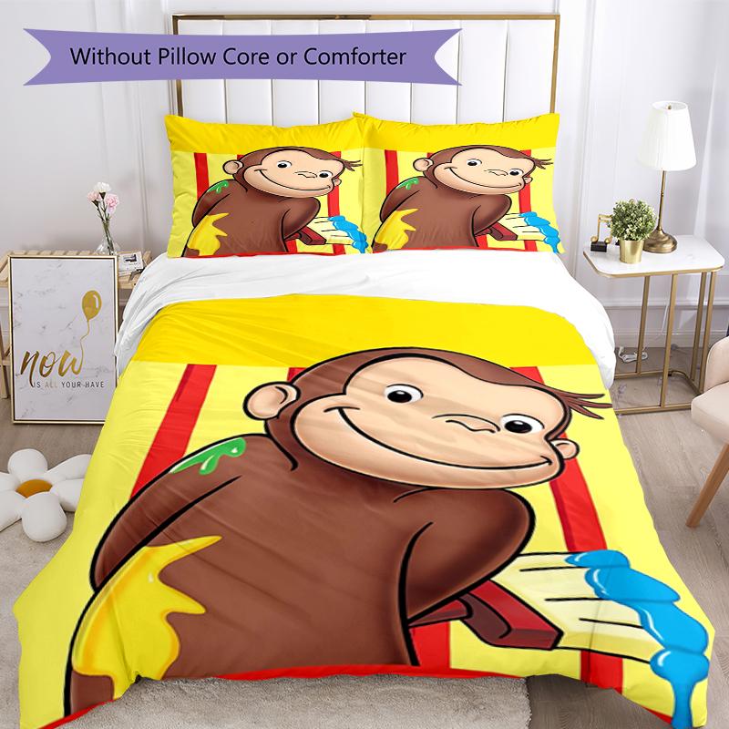 3pcs Curious George Bedding Set Duvet Cover Closure Includes 1 Duvet Cover & 2 Pillowcases, Soft and Comfortable for All Seasons.