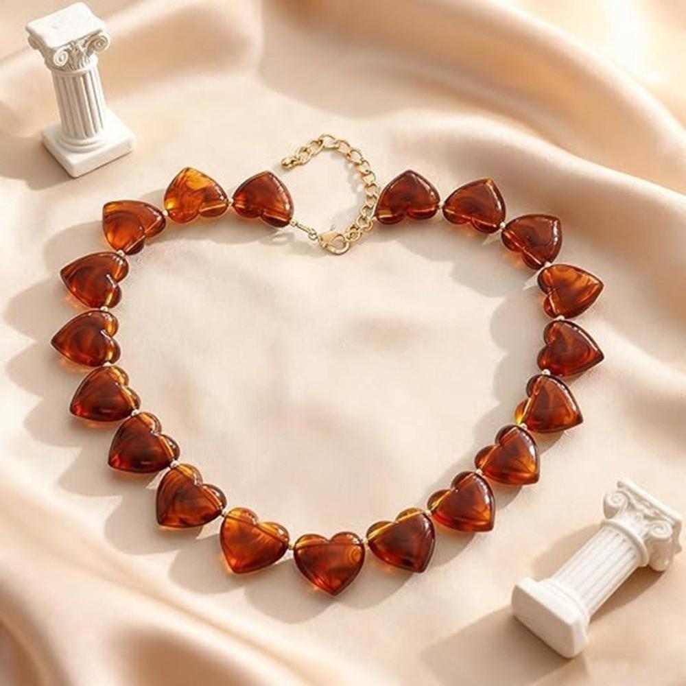 Love Heart Women Clavicle Chain Choker Sweater Chain Retro Acrylic Necklace Vacation