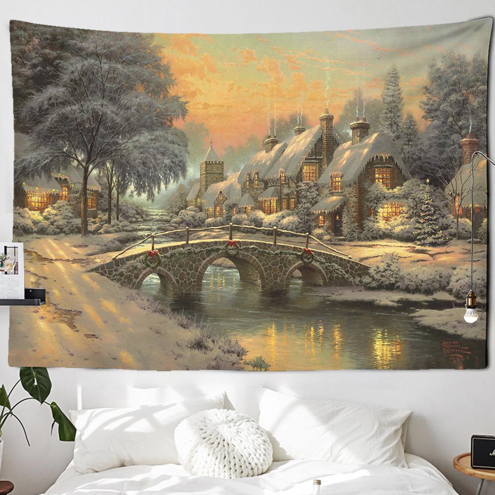 Рождественский камин и снежный настенный гобелен с Рождеством для дома, деко, рождественский подарок, гобелены с принтом
