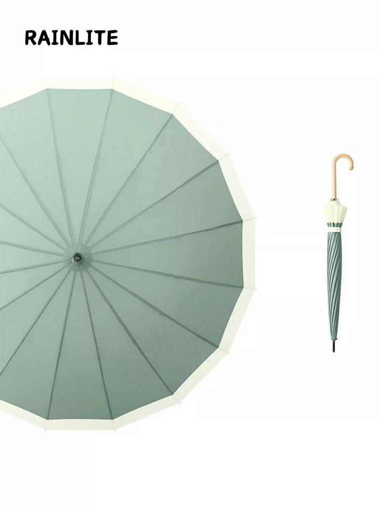 Rainlite Japanese and Korean Small Fresh Long Handle Umbrella 16 Bone Large Straight Rod Sunny Umbrella Windproof Wood Curved Handle Umbrella
