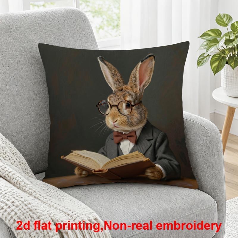 2D Flat Printing, 1pc, Rabbit Scholar with Glasses Reading Book, Pillow Cover, Polyester, Suitable for Sofas, Living Rooms, Bedrooms, And Office Home