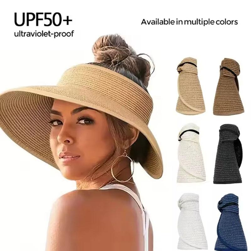 Straw Hat Women Foldable Visor Hats,Sun Visors for Women Wide Brim Straw Ponytail Summer Beach Hat