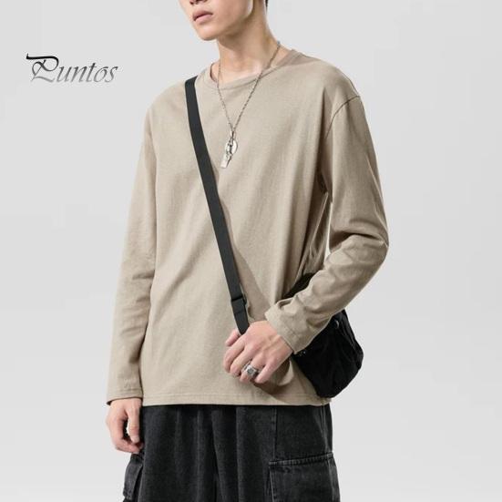 Мужская рубашка с круглым вырезом и длинным рукавом, мягкая дышащая футболка, однотонная, свободный крой, весна-лето, повседневные топы