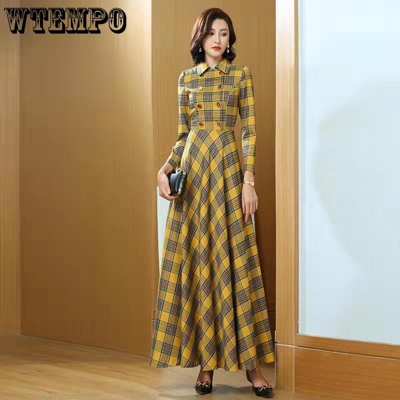 Модное желтое клетчатое ретро двубортное платье с воротником-стойкой, облегающее, темпераментное, большие, длинные платья