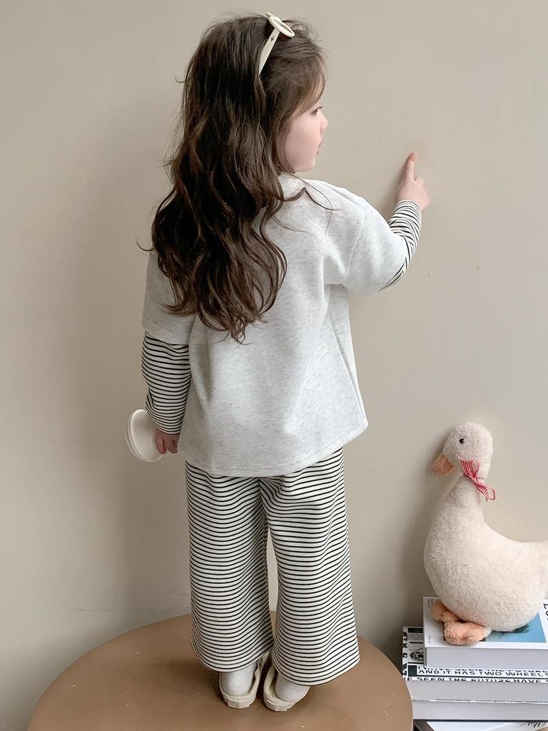 Осень 2025 Комплект для девочек свитшот и спортивные штаны с цветными блоками - Полосатый костюм-двойка с длинным рукавом