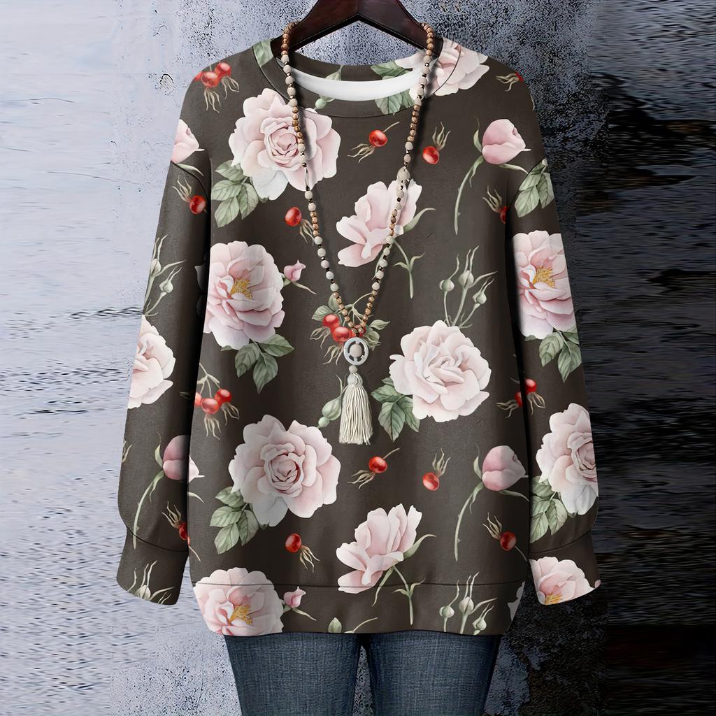 Женская футболка с цветочным принтом, круглым вырезом и длинными рукавами, свитшот