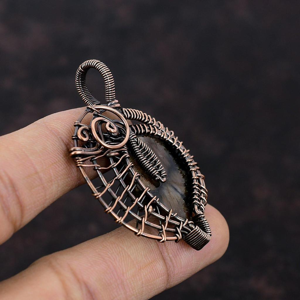 Подвеска с киастолитом, обернутая медной проволокой, подвеска ручной работы, украшения с киастолитом, украшения из медной проволоки, оригинальная подвеска с драгоценным камнем, свадебный подарок